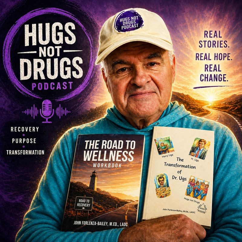 Promotional artwork for The Hugs Not Drugs Podcast featuring John Forlenza-Bailey with both books